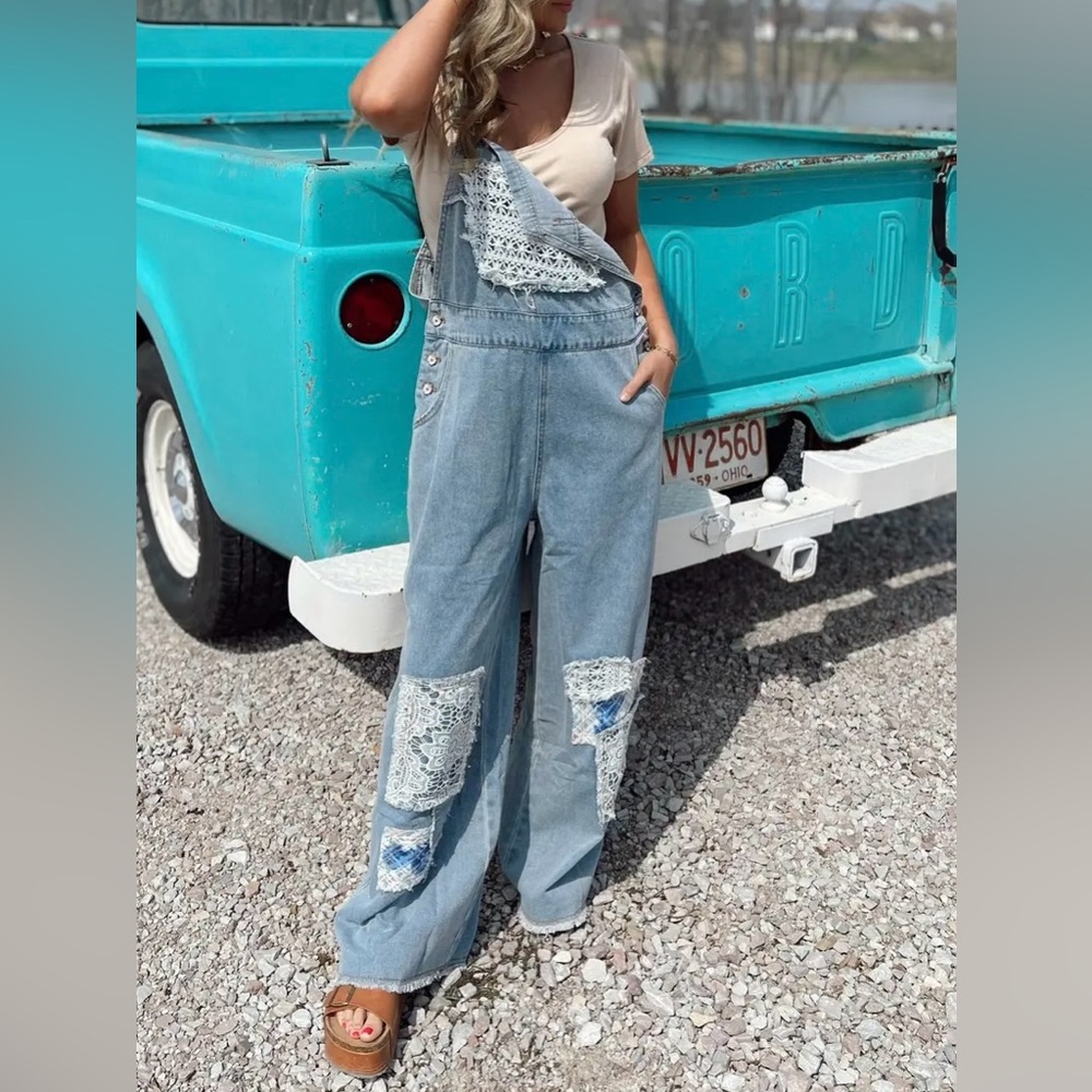 NWT POL Boho Patchwork Crochet Jean Denim Overalls - Picture 15 of 15